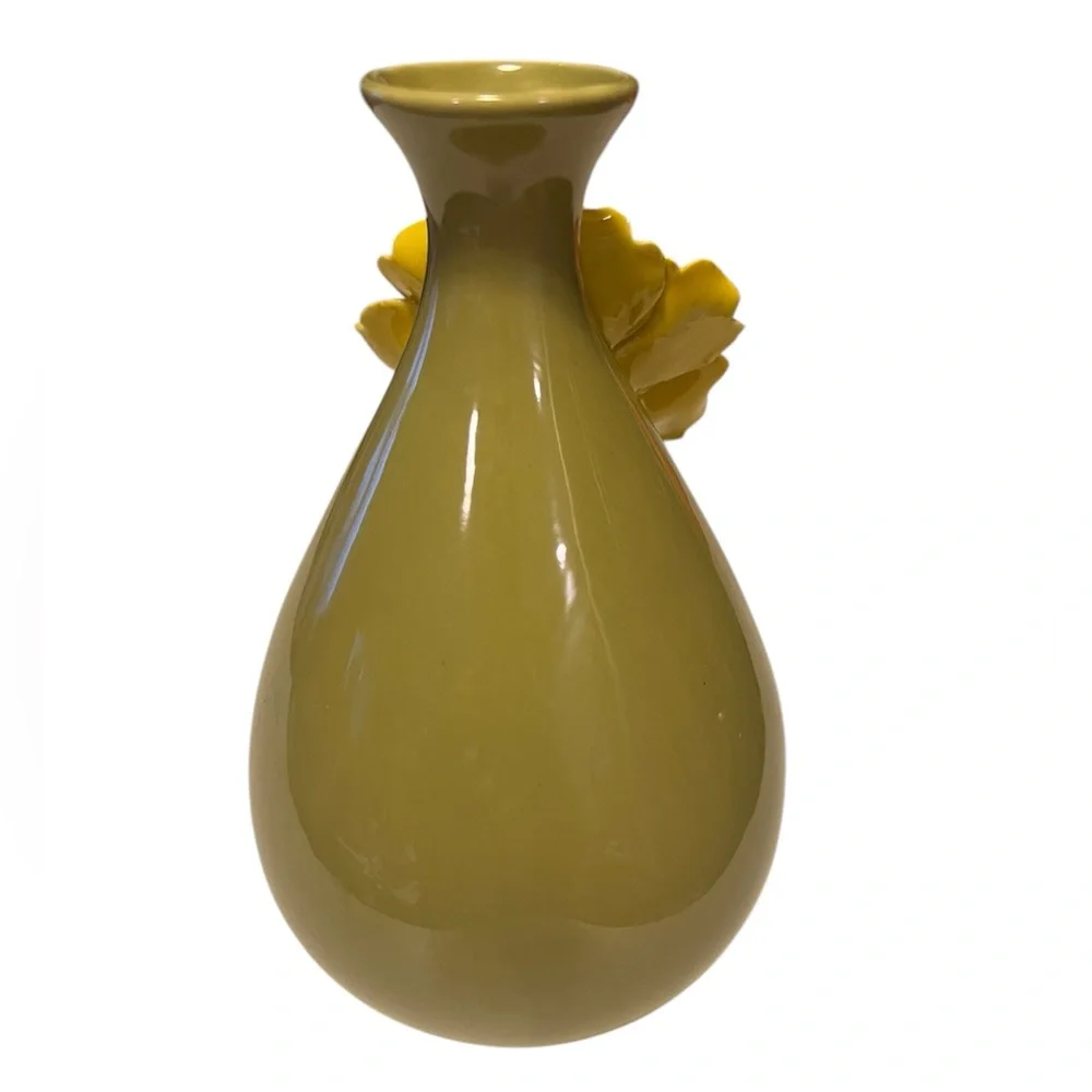 NEW 3D Yellow Peony flower on Olive Green Base Ceramic Vase 8